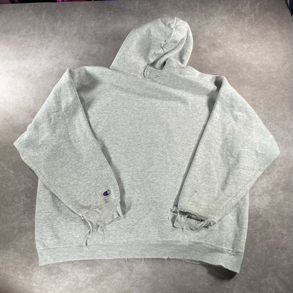 90’s Champion Thrashed Grey White Cozy Distressed Pullover Hoodie - Picture 2 of 7